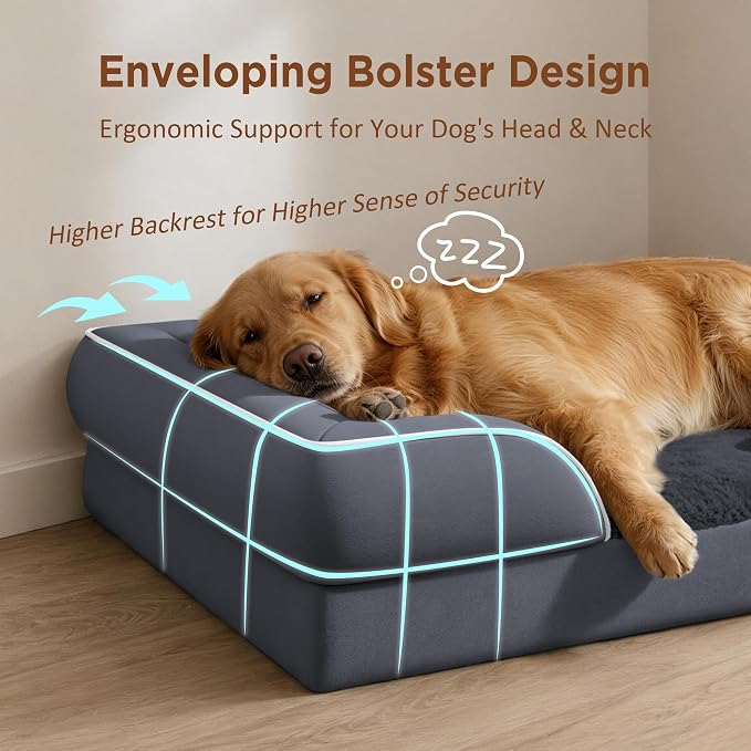 Comfort Expression Orthopedic Dog Beds for Large Sized Dog with Bolster | Waterproof Dog Couch Bed with Washable Cover & Non-Slip Bottom, Supportive Egg Crate Foam Large Pet Bed, 35x22 Inch