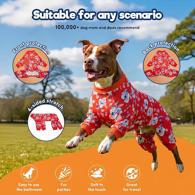 LovinPet Large Dogs PJS sweatshirt, Anti Licking, UV Protections Dog Shirt, Stretchy Comfortable Skin-friendly Fabric, Post Surgery Recovery Dog Pajamas, Red & Peach Floral Print, Onesies for Dogs,2XL