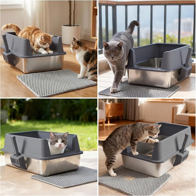 Stainless Steel Litter Box with Lid,XL Extra Large Cat Litter Box | Large Litter Boxes for Big Cats,Metal Kitty Litter Boxes with Anti-Leakage, High Sides,Easy to Clean,Scoop & Mat Included