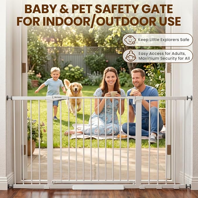 Mumeasy Extra Wide Baby Gate for Doorways, 36-63" Walk Thru Dog Gate with Auto Close Dual Swing for Stairs & Hallways, Easy Install Pressure Mounted Child Safety Gate for Toddlers & Pets Indoor, White