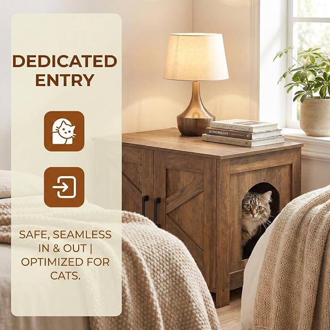 Homhedy 47.2”L Cat Litter Box Enclosure for 2 Cats, Rustic Walnut | Wooden Litter Box Furniture Hidden with Double Room, Cat Washroom, Cat House, Dog-Proof, TV Stand,Farmhouse Style