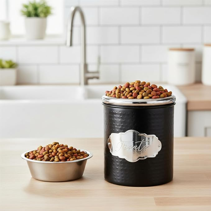 Amici Pet Cavalier Metal Canister Treats Jar, 40 Fluid Ounces, Black and Silver