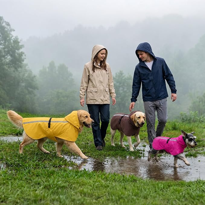 Stretch Fabric Dog Raincoat with Hood, Reflective Rain Poncho for Medium Large Dogs, Adjustable Waterproof Dog Rain Jacket with Leash Opening, Pink, Large