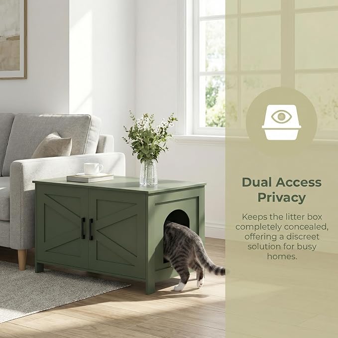 Homhedy 31.5" L Cat Litter Box Enclosure with Barn Door, Green | Wooden Cat Washroom Furniture, Cat House, Pet Storage Cabinet, Dog-Proof, Fit Most of Litter Box, Farmhouse Style