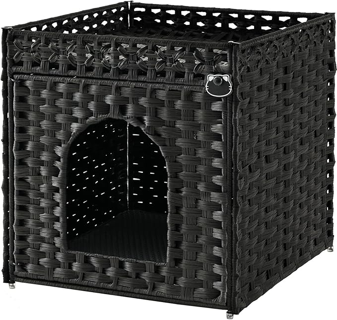 SETVSON Cat Litter Box Enclosure Furniture, Hidden PE Rattan, Black | PE Rattan Kitty House with Top Fence, Fits Standard Litter Box, Included Litter Mat, 2 S-Hooks, Sturdy Metal Frame