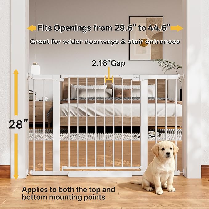InnoTruth 29.6-44.6 in Wide Baby Gate for Stairs and Doorways, White | Indoor Metal Dog Gate for Pets, Auto Close 2 Way Swing Walk Through Door, Double Lock & Y-Bolts, Pressure or Hardware Mount