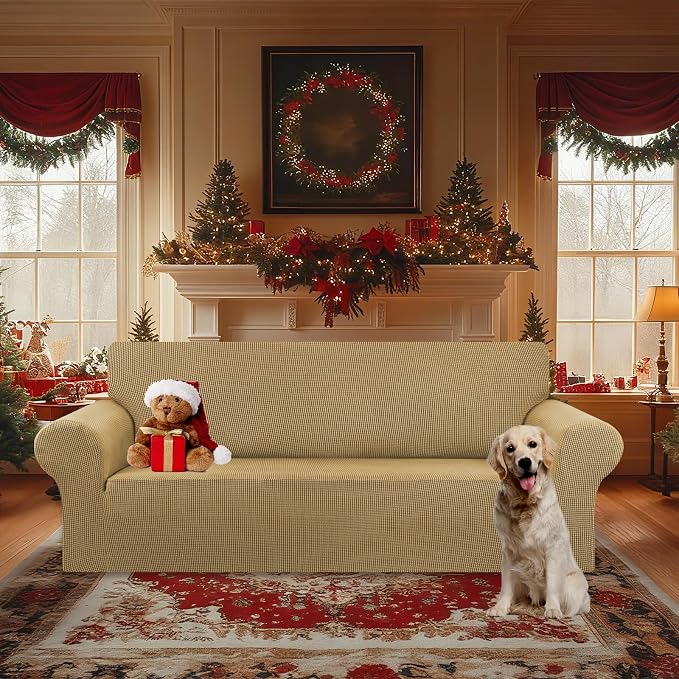 Stretch Oversized Couch Covers for Sofa Slipcover,Tan | 1-Piece Washable Sofa Cover (94"-110") 4-Seater Furniture Protector, Soft Jacquard Non-Slip Elastic Bottom for Dogs & Kids