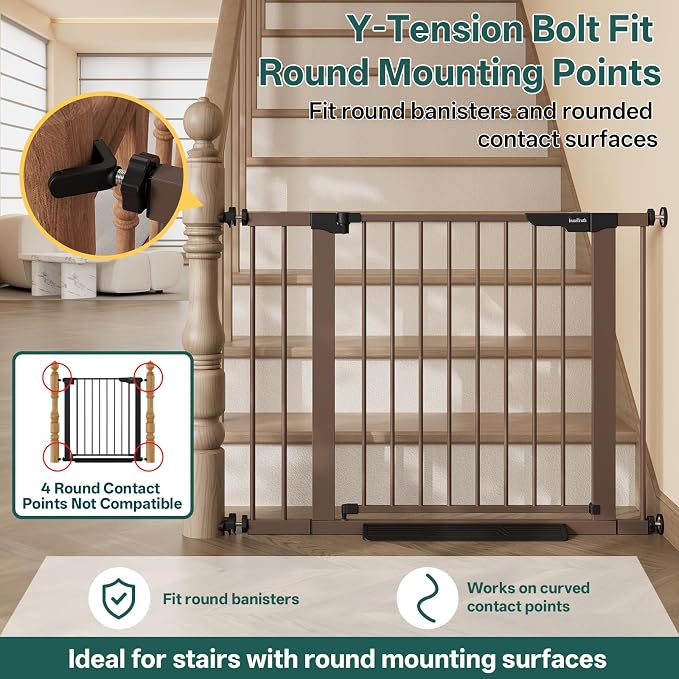 InnoTruth 29.6-39.1 in Wide Baby Gate for Stairs and Doorways, Brown | Indoor Metal Dog Gate for Pets, Auto Close 2 Way Swing Walk Through Door, Double Lock & Y-Bolts, Pressure or Hardware Mount