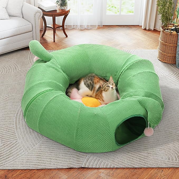 PAWZ Road Cactus Cat Tunnel Collapsible Cat Donut Tunnel with Flower Bed | 38" diameter,2 tunnels & flower mat form Large cat tunnels Peephole & dangling balls for indoor adult cat