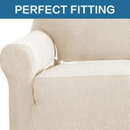 H.VERSAILTEX Stretch Couch Cover Loveseat Covers for 2 Cushion Couch Sofa Cover for Love seat 1 Piece with Elastic Bottom, Textured Checked Jacquard Fabric(Loveseat 58"-70" Wide, Natural)