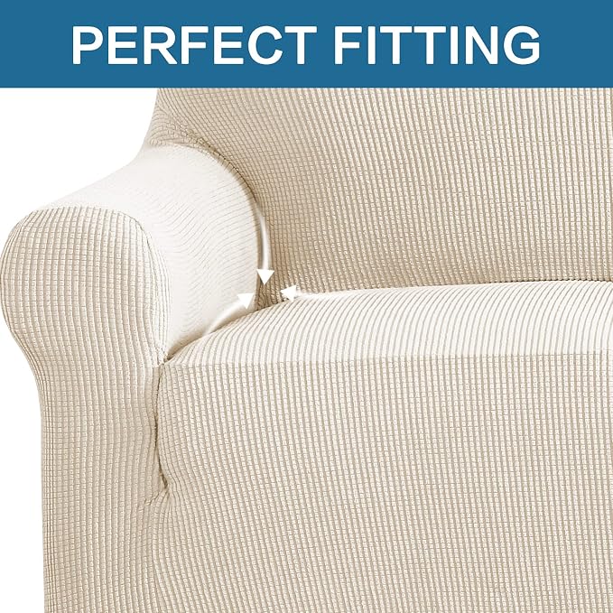 H.VERSAILTEX Stretch Sofa Covers for 3 Cushion Couch Covers Sofa Slipcovers for Living Room Feature Thick Checked Jacquard Fabric with Elastic Bottom, Sofa Large - Natural