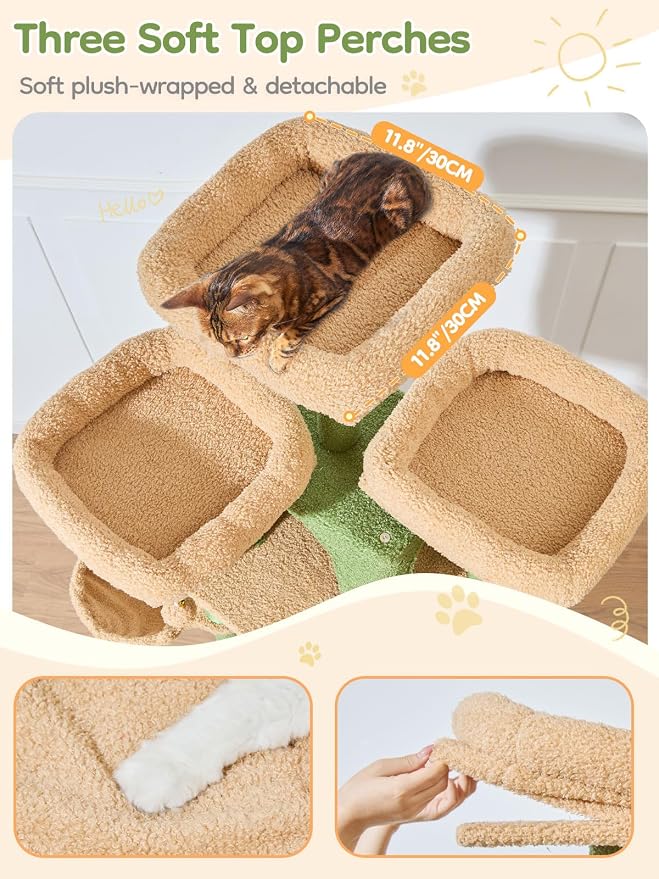 Taoqimiao Tall Cat Tree, 76In XL Cat Tower for Large Cats, 3 Padded Perches | Oversized Metal Hammock, 2 Big Condos, 1-Piece Ramp Scratcher, 7 Natural Sisal Posts, Hanging Basket, Cactus, MS047T