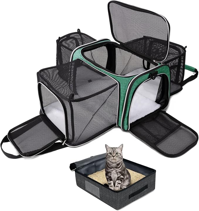 BAGLHER Expandable Cat Carrier with Travel Litter Box, Pet Travel 5 Sides Open Doors 3 Sides, Leak-Proof and Collapsible, for Car, Airplane Trip, Green