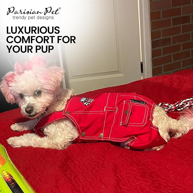 Parisian Pet Red Dog Overalls - Route 66 Denim Dog Clothes - Breathable Sling Puppy Jumpsuit - Durable and Trendy Overalls for Dogs - Comfortable Jeans Dog Clothes for Medium Dogs - Classy Pet Apparel