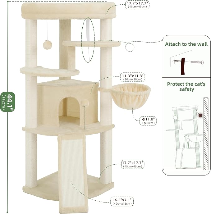Gitelsnour Corner Cat Tree Tower with All Sisal Scratching Posts GCT025MU | 44.1" Cat Furniture with Multi-level Cat Condo, Cat Cave, Hanging Basket, Sisal Scratching Ramp for Indoor Cats, Beige