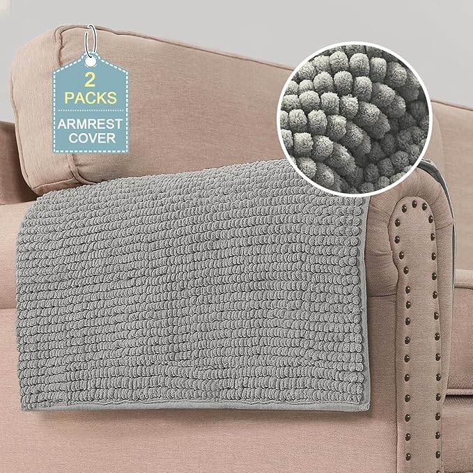 H.VERSAILTEX Plush Chenille Couch Armrest Cover 2 Packs Thick and Soft Sofa Covers Furniture Protector Cover for Pets (27.5" x 27.5", Dove)