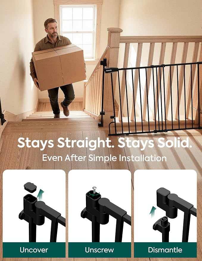Babelio 36" H Removable Baby Gate for Stairs No Bottom Bar, 29-43" W, Black | Hardware Mounted (Drill Needed)| Wide Walk-Thru| Auto-Close Safety Dog/Pet Gate for Stairs & Doorways