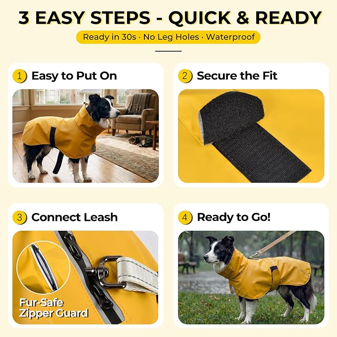 PU Dog Raincoat, Non-Toxic & Odorless Waterproof Vest, Adjustable High Neck and Hook & Loop Belly Closure for Rainy Potty Breaks & Wet Weather Outdoor Walks (Yellow, Large)