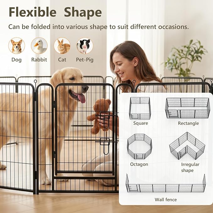 Metal Dog Playpen - 32" Height 16 Panels Foldable Exercise Pen for Dogs Indoor/Outdoor Pen with Door for Pet Animals Portable Pet Playpen Polygon Dog Enclosure (Black)