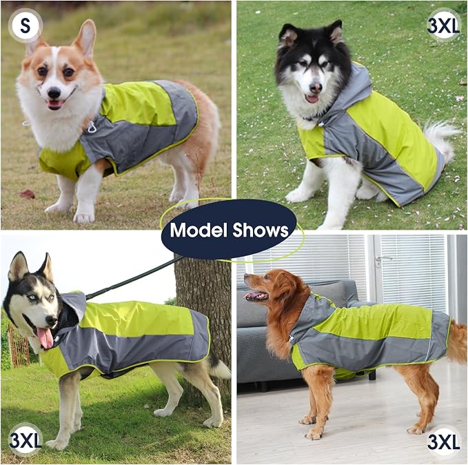 IECOii Hooded Dog Raincoat,Reflective Large Dog Rain Poncho,Ensure Safety in Low - Light Conditions, Adjustable Fit with Magic Sticker,Lightweight Waterproof Pet Rain Coat,Green,XXL