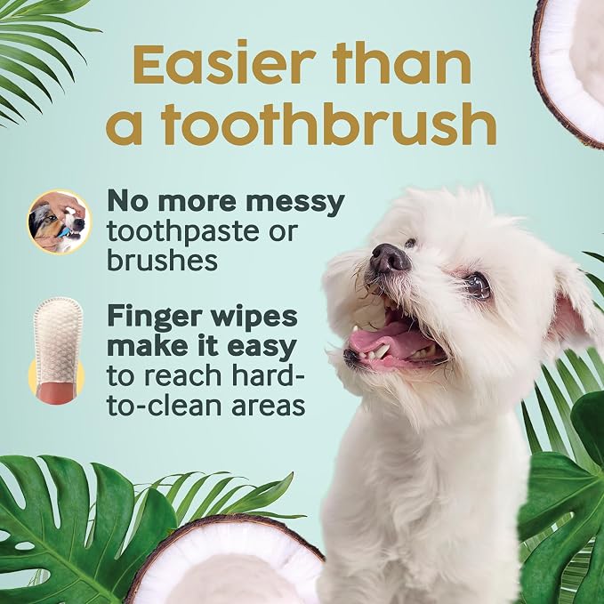 Cocopup Dog & Cat Dental Wipes, Coconut Oil Finger Toothbrush Cleaner | Coconut oil-infused finger wipes for dogs and cats; helps clean teeth, freshen breath, and wipe ears, nose, paws, and fur.