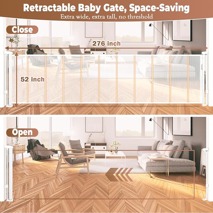 276" Retractable Baby Gate Extra Wide, 52" Tall Retractable Dog Gate for Stairs, Doorways, Decks, Mesh Gate Long Child Gate Pet Gate for Indoor, Outdoor, with Reinforced Mesh Rods, Dual Locks(White)
