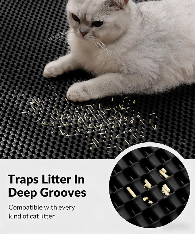Cooyes Cat Litter Mat - Cut to Fit Any Place, 23"x17" Litter Trapping Mat for Litter Box, Easy to Clean, Waterproof & Non-Slip Kitty Pad, Scatter Control to Protect the Floor (Black)