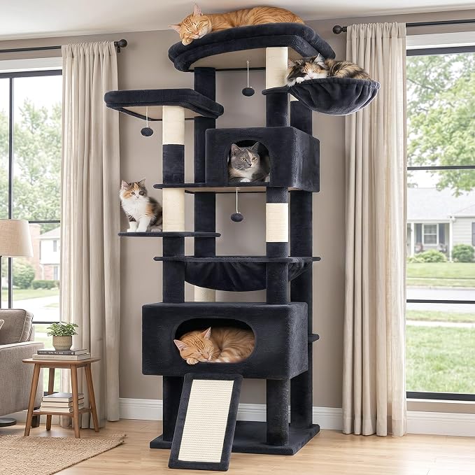 Gitelsnour Cat Tree, 78.7'' Cat Tower, 2 Big Condos for Multi Cats GCT061G | Tall Cat House Furniture for Large Cats with Hammock, Big Platform for Indoor Cats, Scratching Posts & Board , Dark Gray