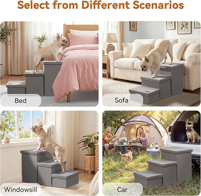Zerbuger Dog Stairs with Storage, Grey 3 Steps Dog Ramp no Condo for Bed | 18" H Wider Dog Steps for High Beds Couch, Folding Storage Pet Stairs Gift for Climbing Small/Medium/Large Old Dogs Cats