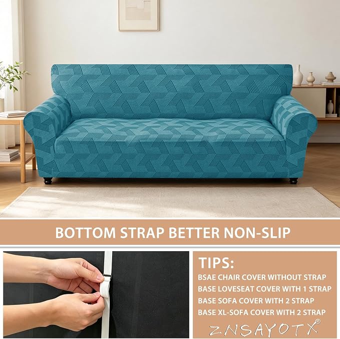 ZNSAYOTX Stretch Oversized Couch Covers for 3 Cushion Couch, 1-Piece Extra Large Sofa Cover Slipcover, Furniture Protector with Elastic Bottom Geometrical Jacquard Fabric (X-Large, Peacock Blue)