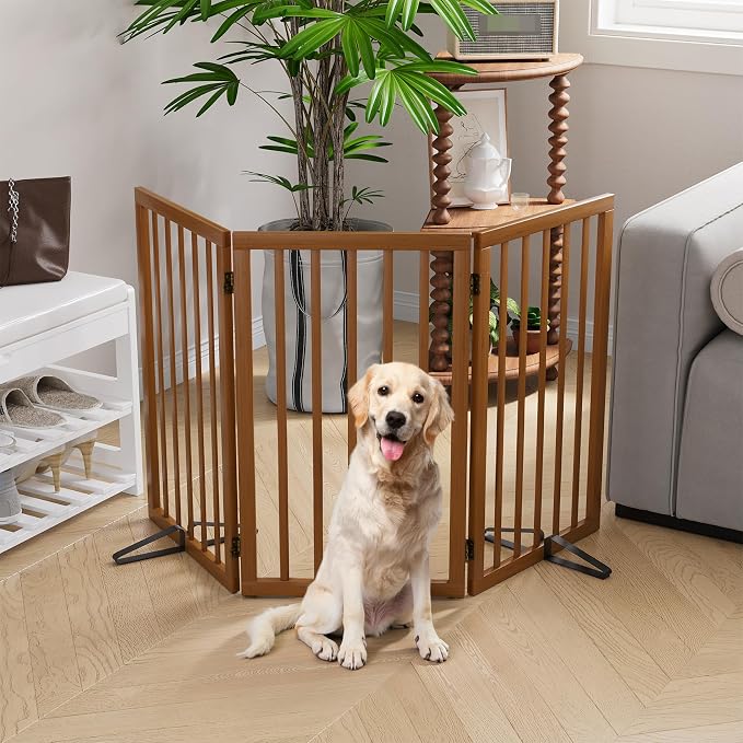 Semiocthome Freestanding Dog Gate 32" Tall, 3-Panel Foldable Dog Gates for Doorways Stairs House, Pet Gate Indoor with 2 Metal Stands, Walnut
