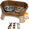 Neater Feeder Deluxe Mess-Proof Elevated Dog Bowls for Small Dogs (Up to 19 lbs), 2 Height Adjustable (6” & 7.5”) No-Spill Raised Dog Bowl Stand, Stainless Steel Food Bowl Set, Made in USA, Bronze