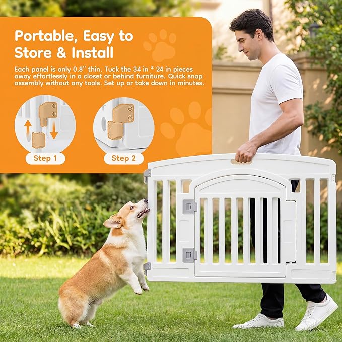 NEWBULIG Dog Playpen 4 Panel 24 Inch Puppy Fence, Indoors Outdoor Plastic Portable Pet Play Pen with Secure Locking Door for Small Medium Dogs for Yard, RV Camping
