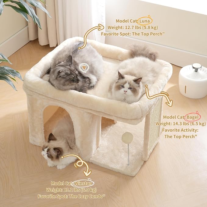 Heybly Cat Tree, 14" Cat Tower with Large Cat Bed & Condo HCT203SM | Cat Furniture for Indoor Cats Large Adult, Cat House with Scratching Posts and Spring Balls for Kittens, Beige
