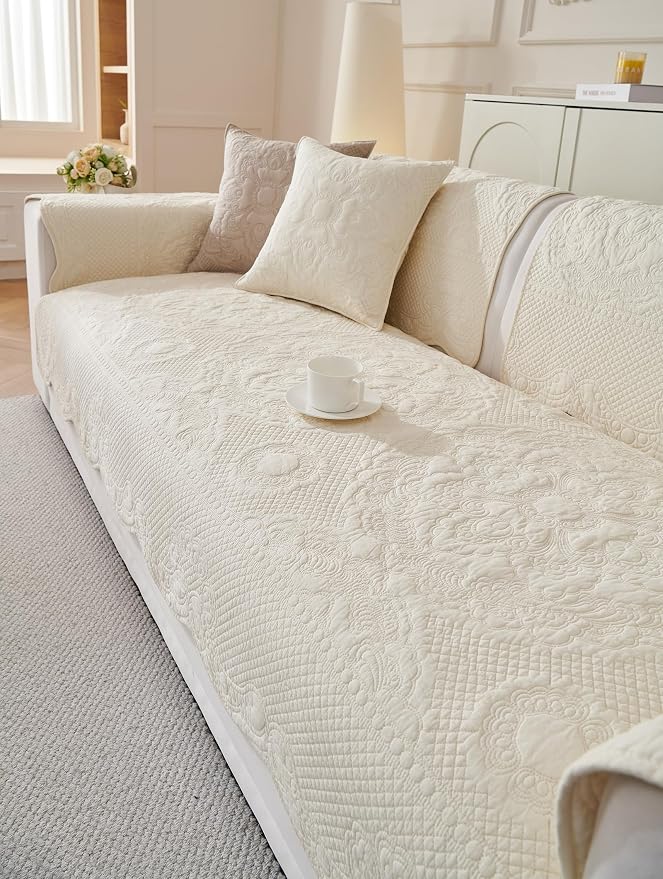 Luxury Vintage Cotton Embroidery Sofa Cover Soft Farmhouse Seat Cushion Cover Floral Quilted Sectional Couch Cover Anti-Slip Sofa Slipcovers Furniture Protector for Dogs Cats (Beige,36"x47")