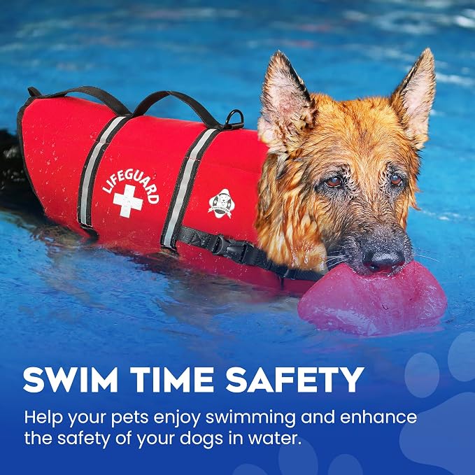 Dog Life Jacket — Premium Swim Vest with SafeChin Anti-Choke Collar | PAWS Aboard Red | RapidLift Rescue Handle, D-Ring, Reflective Trim | Boating, Kayaking, Pool | X-Large (80–110 lbs)
