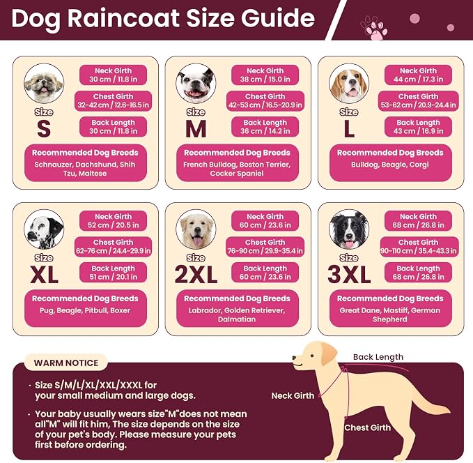 BRKURLEG Dog Raincoat, Waterproof Rain Jacket with Hood, Rose Red, S | Adjustable Windproof Rainproof Jacket with Leash Hole, Reflective Breathable Rain Coat Poncho, for Small to Large Dogs