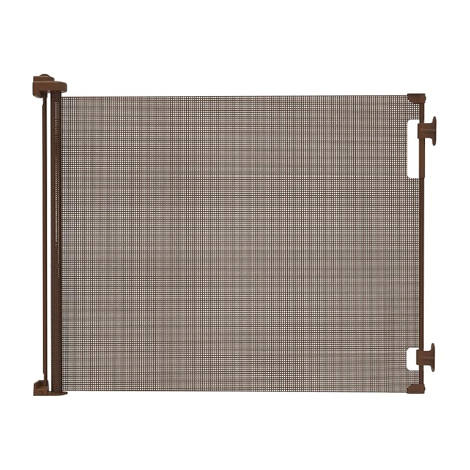 Retractable Baby Gate Perma Child Safety 33" Tall x 71” Wide, Mesh, for Stairs, Doorways, Dogs, Pets, Indoor, Outdoor, One-Handed Operation, Locking, Easy Install, Hardware Mount, Brown
