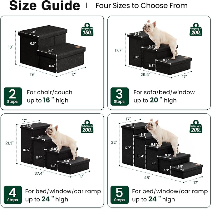 Love's cabin Dog Stairs for High Bed, Foldable Pet Stairs for Small Medium or Large Dogs Puppy with Storage for Bed or Couch, Cat Dog Steps Ramp with Zip up to 200 lbs, Black, 2 Steps