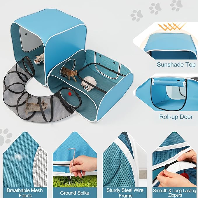 Cat Playpen, 3-in-1 Pop-up Outdoor Cat Enclosure, Blue | 2 Rooms & Tunnel, Breathable Mesh, Carry Bag, Interactive Toys, Multi-Entry Doors, Indoor & Outdoor Use for small pets