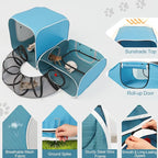 Cat Playpen, 3-in-1 Pop-up Outdoor Cat Enclosure, Blue | 2 Rooms & Tunnel, Breathable Mesh, Carry Bag, Interactive Toys, Multi-Entry Doors, Indoor & Outdoor Use for small pets
