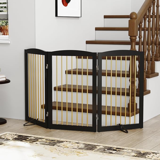 PUPETPO Freestanding Pet Gate for Dogs, Foldable Wooden Dog Gate for House Indoor, Step Over Pet Puppy Safety Fence for Stair, Doorway,Hall, Support Feet Included,3 Panels 32",Black&Gold