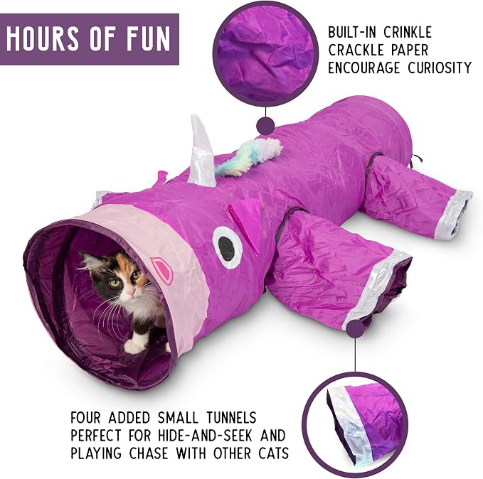 Pet Craft Supply Magic Mewnicorn Multi Cat Tunnel Boredom Relief Toys with Crinkle Feather String for Dogs, Cats, Rabbits, Kittens and Guinea Pigs for Hiding Hunting and Resting
