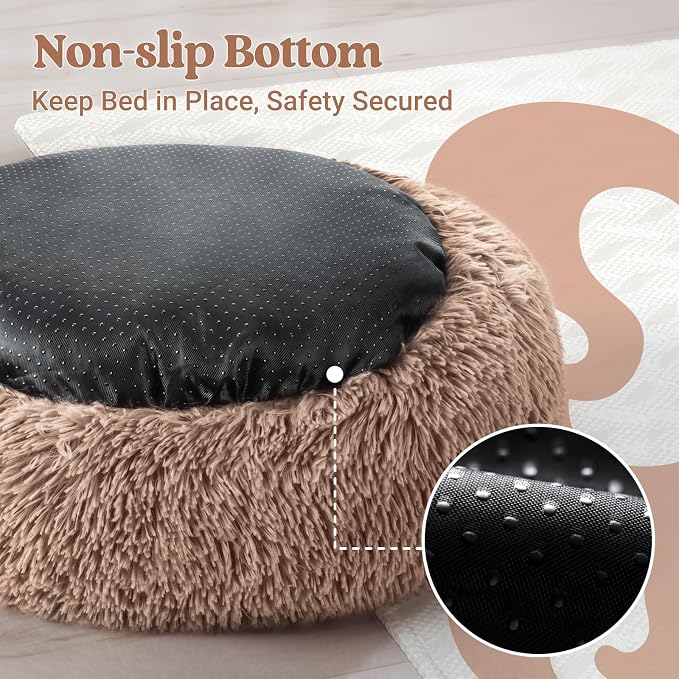 rabbitgoo Calming Cat Beds for Indoor Cats, 20 inches, Light Brown | Soft Warm Donut, Fluffy Faux Fur, Supportive Raised Rim, Anti-slip, Machine Washable, Up to 15lbs Kittens & Small Cats