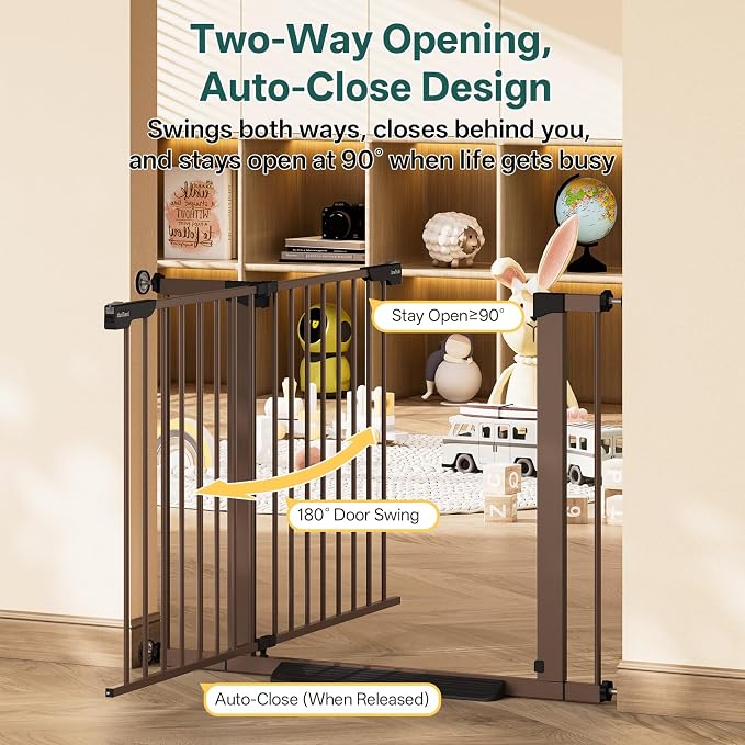 InnoTruth 29.6-39.1 in Wide Baby Gate for Stairs and Doorways, Brown | Indoor Metal Dog Gate for Pets, Auto Close 2 Way Swing Walk Through Door, Double Lock & Y-Bolts, Pressure or Hardware Mount