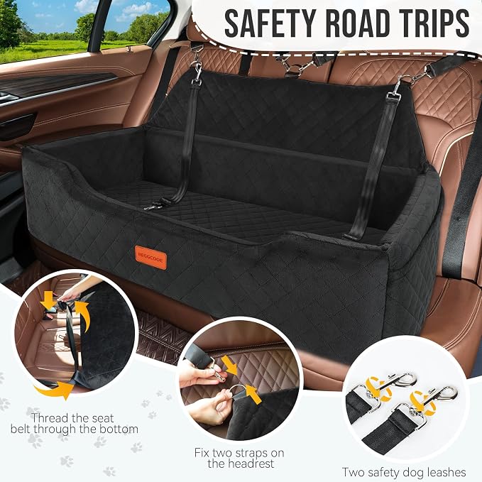 HEGGCOOE Large Dog Car Seat Under 100 lbs, Washable Dog Car Bed for 2 Medium Dogs, Detachable Pet Booster Seat with Storage Pocket and Seat Belt for Back Seat Dog Travel Bed