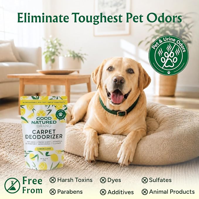 Good Natured Brand | Carpet Deodorizer & Freshener Powder | 31 oz Pet Odor Eliminator for Strong Odor & Pet Urine | Fresh Natural Lemon Scent | Safe for Homes with Pets
