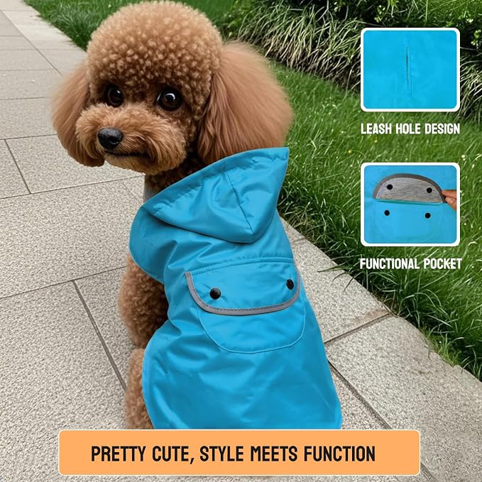 Dog Raincoat Dogs Rain Jacket Reflective Breathable Lined Poncho Rainwear Waterproof Pet Clothes Pocket Hooded Leash Hole Adjustable Small Medium Dogs,Blue,XL,Back Length 14.9 Inch