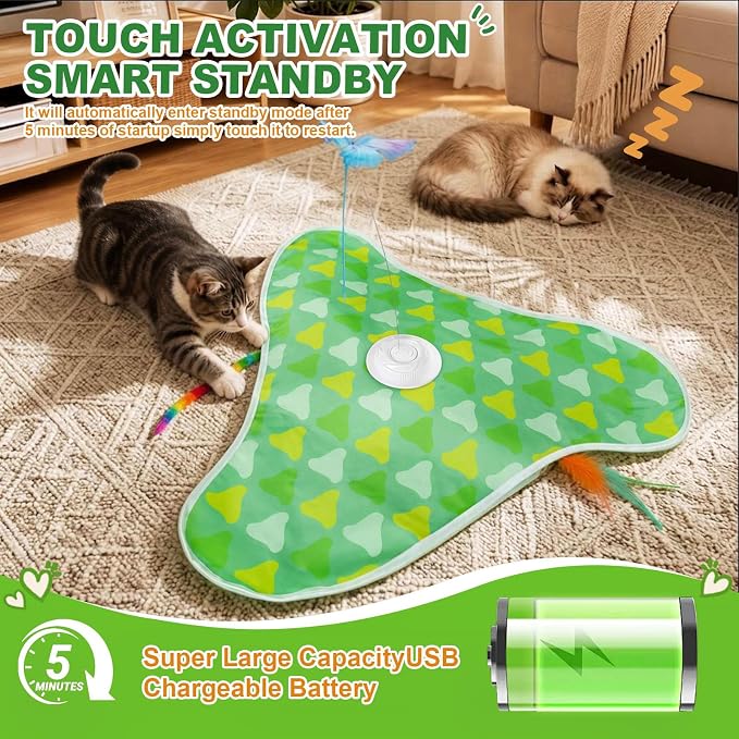 Interactive Cat Toy Mat for Indoor Cats, Rechargeable Hide & Seek Cat Toy with Moving Hidden Feathers& Fluttering Butterfly, Touch Activated Automatic for Bored Cats, Kittens & Adult Cats