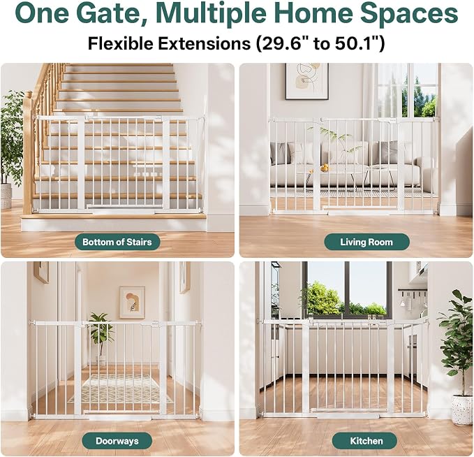 InnoTruth 29.6-50.1 in Extra Wide Baby Gate for Stairs and Doorways, White | Indoor Metal Dog Gate for Pets, Auto Close 2 Way Swing Walk Through Door, Double Lock & Y-Bolts, Pressure or Hardware Mount